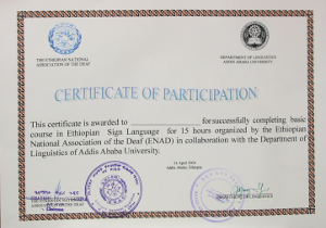 Certificate of participation in basic course in Ethiopian Sign Language on 24 April 2004