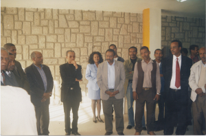 Prof. Andrias, former president of the Addis Ababa and some other guests during a certificate presentation to trainees who participated in a basic course in Ethiopian Sign Langau on 24 April 2004 (16 Miazia 1996 E.C.)